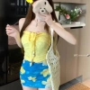 Bikini áo ren hoa vàng, chân váy chữ A xanh họa tiết hoa - Ship nhanh, chỉ 89k 8