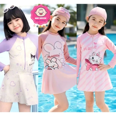 Bikini bé gái 10‑40kg dưới 1m45, tay dài + váy rời họa tiết dễ thương, đồ bơi biển, giảm giá 199k