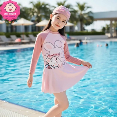 Bikini bé gái 10‑40kg dưới 1m45, tay dài + váy rời họa tiết dễ thương, đồ bơi biển, giảm giá 199k 3