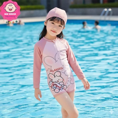 Bikini bé gái 10‑40kg dưới 1m45, tay dài + váy rời họa tiết dễ thương, đồ bơi biển, giảm giá 199k 5