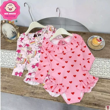 Bikini bé gái 8-35kg dưới 1m35 tay dài bèo tim xinh, đồ bơi biển, giảm giá 149k 7