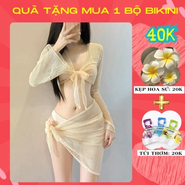 Bikini biển D5: áo bra 2 dây, quần tam giác, áo lưới dài tay + khăn quấn 143.900₫