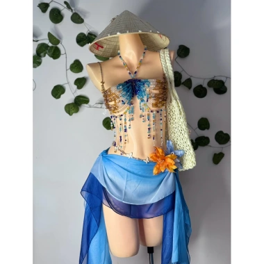 Bikini đá xanh cảm hứng Van Gogh tặng dây chuyền vỏ sò và 2 kẹp hoa chip 1.3tr