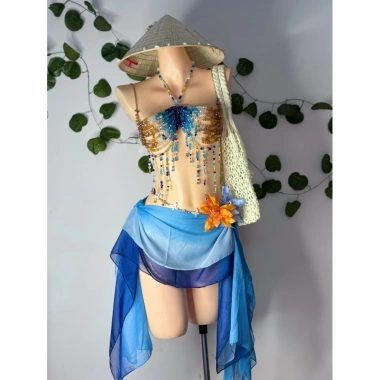 Bikini đá xanh cảm hứng Van Gogh tặng dây chuyền vỏ sò và 2 kẹp hoa chip 1.3tr