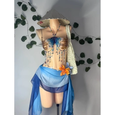Bikini đá xanh cảm hứng Van Gogh tặng dây chuyền vỏ sò và 2 kẹp hoa chip 1.3tr