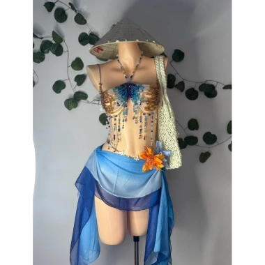Bikini đá xanh cảm hứng Van Gogh tặng dây chuyền vỏ sò và 2 kẹp hoa chip 1.3tr