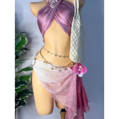 Bikini khăn quấn Tím Hoàng Hôn tặng dây chuyền vỏ sò chip và 2 kẹp hoa