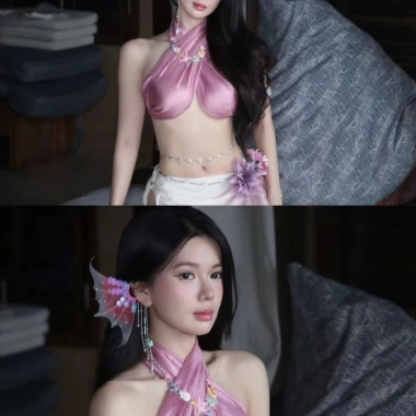 Bikini khăn quấn Tím Hoàng Hôn tặng dây chuyền vỏ sò chip và 2 kẹp hoa