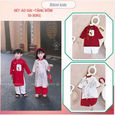 Bikini Kids Áo Dài Tết Bé Trai & Bé Gái – Thêu Hoa Đỏ Truyền Thống, Chất Mịn, 167.500₫