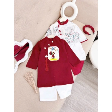 Bikini Kids Áo Dài Tết Bé Trai & Bé Gái – Thêu Hoa Đỏ Truyền Thống, Chất Mịn, 167.500₫