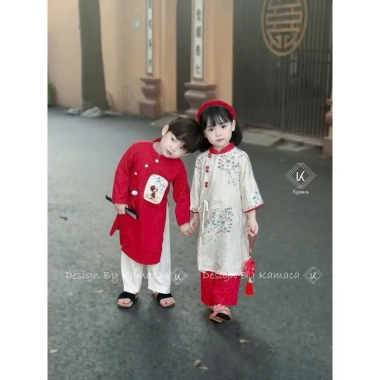 Bikini Kids Áo Dài Tết Bé Trai & Bé Gái – Thêu Hoa Đỏ Truyền Thống, Chất Mịn, 167.500₫