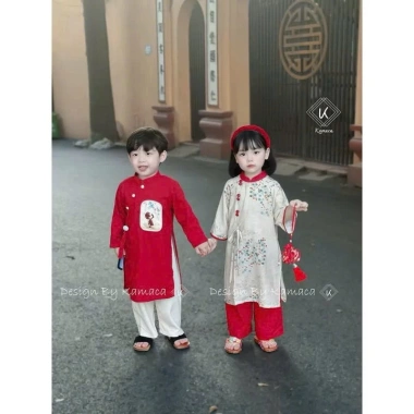 Bikini Kids Áo Dài Tết Bé Trai & Bé Gái – Thêu Hoa Đỏ Truyền Thống, Chất Mịn, 167.500₫