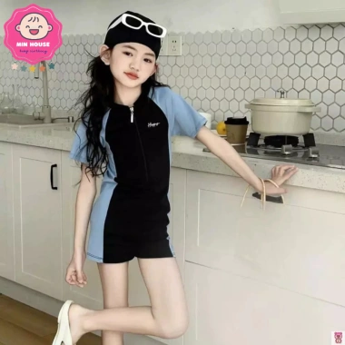 Bikini liền thân bé gái 15-38kg dưới 1m4, viền lam đẹp, đồ bơi biển giá 189k