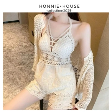Bikini ren HH45 set 3 món đi biển - áo bra vải boy, choàng hạt, quần 2 lớp dày - giảm 95k
