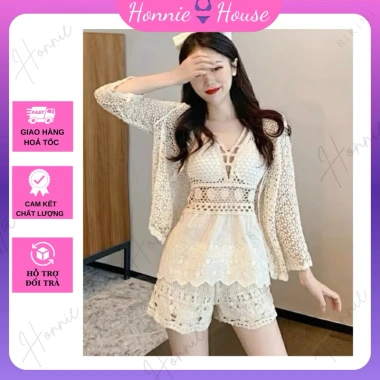 Bikini ren HH45 set 3 món đi biển - áo bra vải boy, choàng hạt, quần 2 lớp dày - giảm 95k