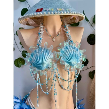 Bikini Sò Xanh Ngọc Biển - Set 2 món, tặng dây chuyền vỏ sò, chip & 2 hoa
