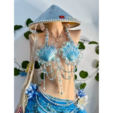 Bikini Sò Xanh Ngọc Biển - Set 2 món, tặng dây chuyền vỏ sò, chip & 2 hoa