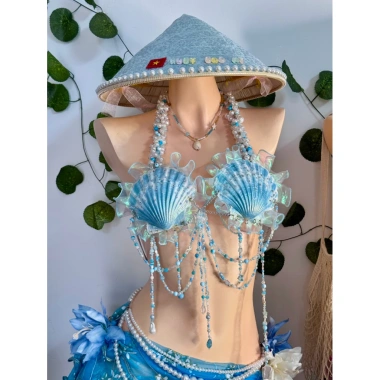 Bikini Sò Xanh Ngọc Biển - Set 2 món, tặng dây chuyền vỏ sò, chip & 2 hoa