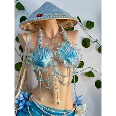 Bikini Sò Xanh Ngọc Biển - Set 2 món, tặng dây chuyền vỏ sò, chip & 2 hoa