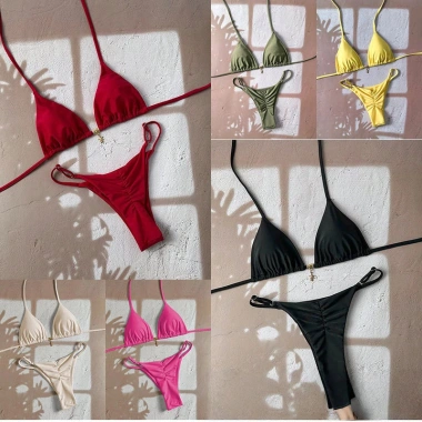 Bikini Tam Giác Nữ Màu Trơn Buộc Dây Hai Mảnh - Túi Chia Đồ Bơi Tiện Lợi