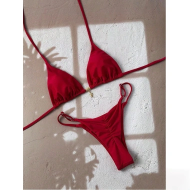 Bikini Tam Giác Nữ Màu Trơn Buộc Dây Hai Mảnh - Túi Chia Đồ Bơi Tiện Lợi