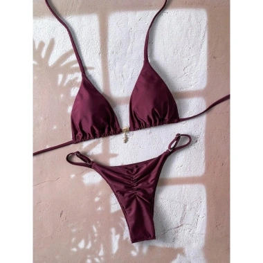 Bikini Tam Giác Nữ Màu Trơn Buộc Dây Hai Mảnh - Túi Chia Đồ Bơi Tiện Lợi