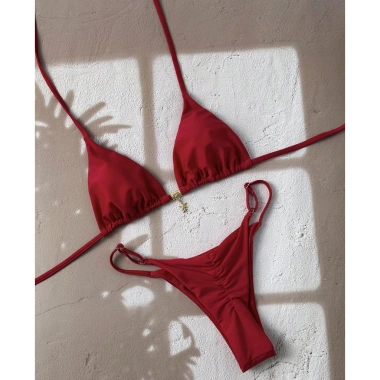 Bikini Tam Giác Nữ Màu Trơn Buộc Dây Hai Mảnh - Túi Chia Đồ Bơi Tiện Lợi
