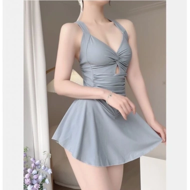 Bikini váy liền thân cổ yếm nhún eo, hai dây chéo lưng, gợi cảm Hàn Quốc BKN30 9