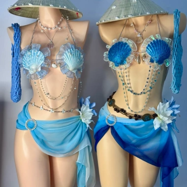 Bikini vỏ sò xanh biển phối voan ombre - tặng dây chuyền, chip, 2 kẹp hoa 5