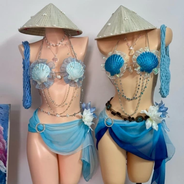 Bikini vỏ sò xanh biển phối voan ombre - tặng dây chuyền, chip, 2 kẹp hoa 6