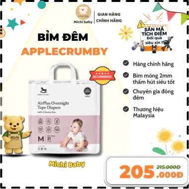 Bỉm Đêm Michibaby Applecrumby AirPlus Overnight MC580 - Siêu Thấm Hút 12h, Đa Cỡ NB‑XXL, Giá Ưu Đãi 260k 3 Bỉm Đêm Michibaby Applecrumby AirPlus Overnight MC580 - Siêu Thấm Hút 12h, Đa Cỡ NB‑XXL, Giá Ưu Đãi 260k 3