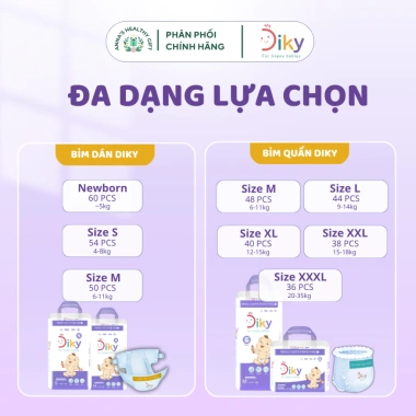 Bỉm DIKY Tã Dán Em Bé Co Giãn Ôm Vừa, Thấm Hút Nhanh - Nhiều Size, Giá 300k