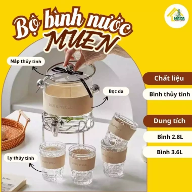 Bình cốc thủy tinh MUEN 2.6L chịu nhiệt kèm kệ, vòi decor phòng khách - giá 572k