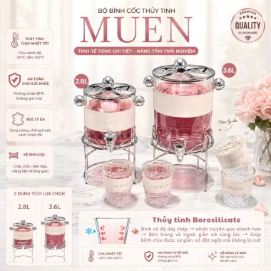 Bình cốc thủy tinh MUEN 2.6L chịu nhiệt kèm kệ, vòi decor phòng khách - giá 572k