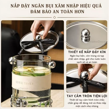 Bình cốc thủy tinh MUEN 2.6L chịu nhiệt kèm kệ, vòi decor phòng khách - giá 572k