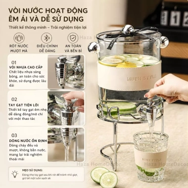 Bình cốc thủy tinh MUEN 2.6L chịu nhiệt kèm kệ, vòi decor phòng khách - giá 572k