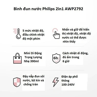 Bình Đun Nước Mini PHILIPS AWP2.791 0,4L Chỉnh Nhiệt 45‑99°C Nhập Đức BH 12 Tháng Giá Ưu Đãi 930.000₫ 6 Bình Đun Nước Mini PHILIPS AWP2.791 0,4L Chỉnh Nhiệt 45‑99°C Nhập Đức BH 12 Tháng Giá Ưu Đãi 930.000₫ 6