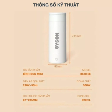 Bình Đun Siêu Tốc Mini BYSON 520ml – Ấm Đun Nước Du Lịch Thông Minh, Tuỳ Chỉnh Nhiệt Độ, Giá Ưu Đãi 408.000₫