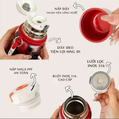 Bình giữ nhiệt hoạ tiết cánh hoa inox 316 dập nổi, nắp cốc, nữ tính, giảm 22% 5