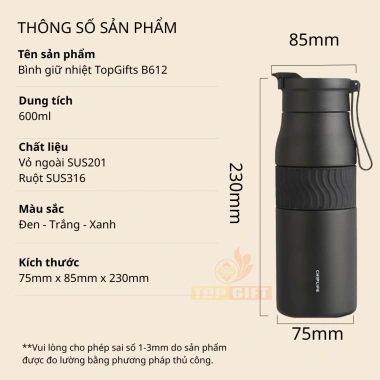 Bình giữ nhiệt TopGifts B612 600ml khắc tên theo yêu cầu, thể thao, quai xách, lõi SUS316 an toàn sức khỏe giá 235.000 5