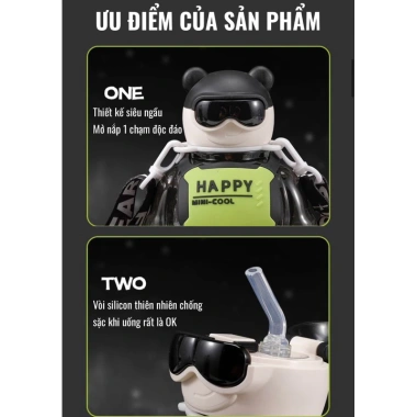 Bình nước Happy Cool 800ml cho bé, dây đeo, ống hút silicon, chỉ 63.698₫