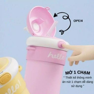 Bình Nước Hello ZADU 450ml Thủy Tinh Bọc Nhựa Cho Bé Đi Học - Ống Hút Tiện Lợi, Nắp Thú Dễ Thương, Giá 99.000 VND