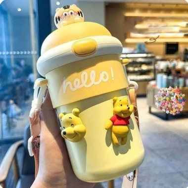 Bình Nước Hello ZADU 450ml Thủy Tinh Bọc Nhựa Cho Bé Đi Học - Ống Hút Tiện Lợi, Nắp Thú Dễ Thương, Giá 99.000 VND