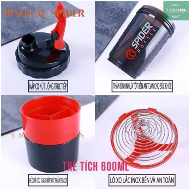 Bình Nước Thể Thao Gym 600ml 3 Ngăn Spider Đựng Protein - Giá chỉ 55.000đ