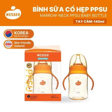 Bình sữa cổ hẹp PPSU Wesser tay cầm 140ml‑250ml màu vàng mật ong – mới, siêu bền, giảm giá 2