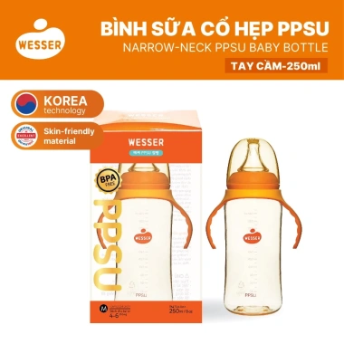 Bình sữa cổ hẹp PPSU Wesser tay cầm 140ml‑250ml màu vàng mật ong – mới, siêu bền, giảm giá 3