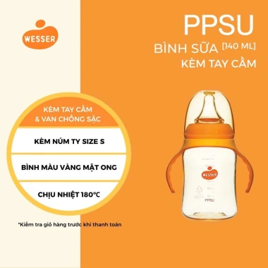 Bình sữa cổ hẹp PPSU Wesser tay cầm 140ml‑250ml màu vàng mật ong – mới, siêu bền, giảm giá 4