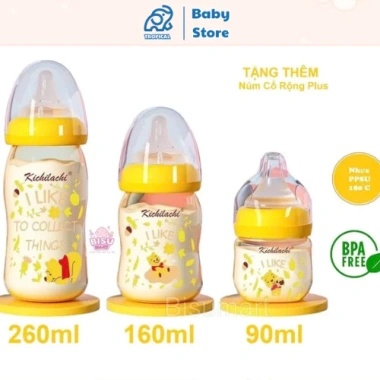 Bình Sữa Cổ Rộng Bé Kichilachi PPSU Hình Gấu 90‑160‑260ml Không BPA Giá Đãi 122k