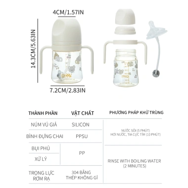 Bình sữa Cổ Rộng PPSU Hoạ Tiết Gấu - Tay cầm chống sặc, an toàn cho bé