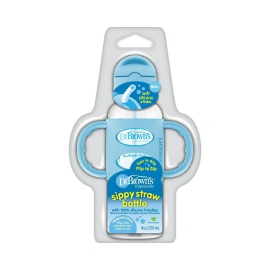 Bình sữa Dr Brown's PP 250ml, cổ hẹp, 2 tay cầm, ống hút silicone, màu hồng xanh ghi - 373.000đ